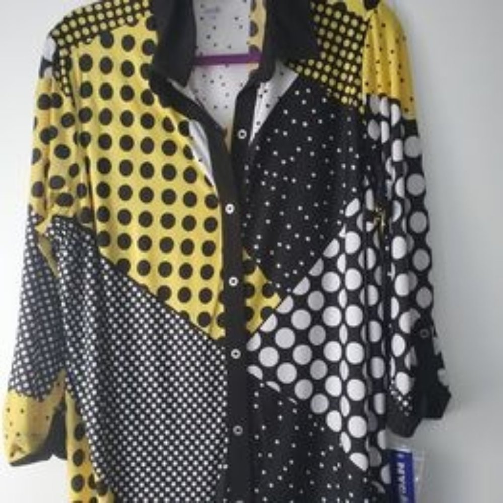 NYGARD YELLOW BLACK POLKA DOT TUNIC TOP SZ LARGE